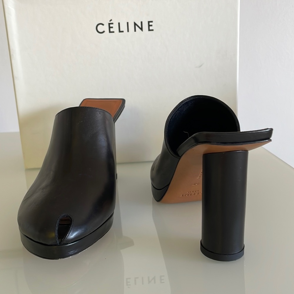 Beautiful black leather high heel mules with peep toe
